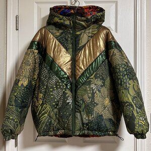 Farm Rio green cool leopard reversible Oversized puffer jacket, NWT!